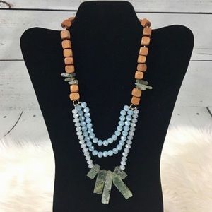 Wooden Bead Faux Green Crystal Blue Sparkle Necklace Layered Strands Boho